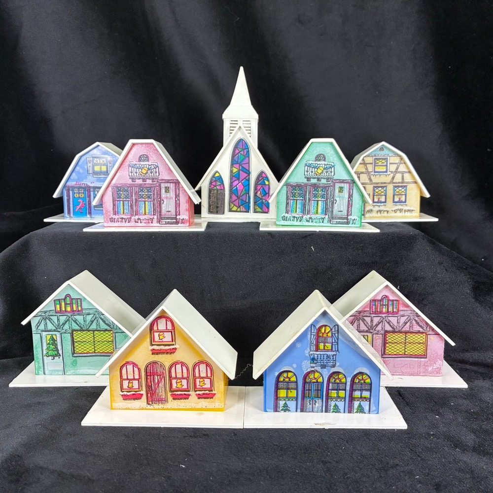 Vintage Plastic Christmas Alpine Village Set 9pc Miniature Houses Church Decor